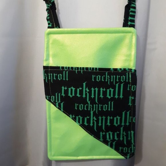 New ROCK N ROLL Vinyl Crossbody Purse Shoulder Bag Black Bright Green Punk Rave - Picture 7 of 10